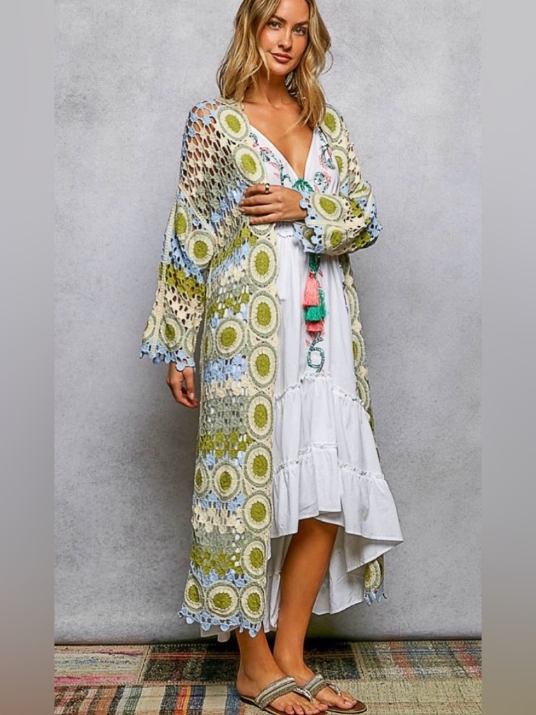 #1229 Pol Crochet Longline Kimono - White, Light Blue & Olive Green